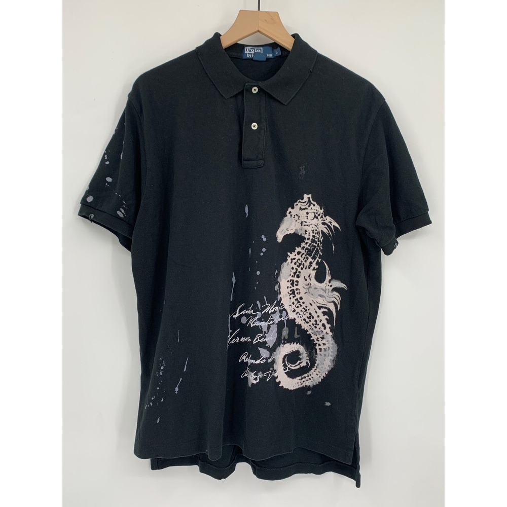 Polo Ralph Lauren Polo Shirt Mens Large Black Seahorse Splatter Distress Rare